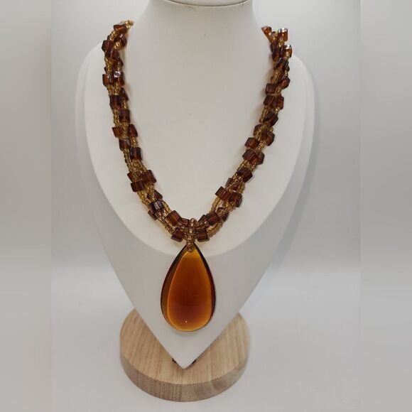 VINTAGE ESTATE HIGH END AMBER GLASS BEADED 18.5" NECKLACE STUNNING - Picture 1 of 5